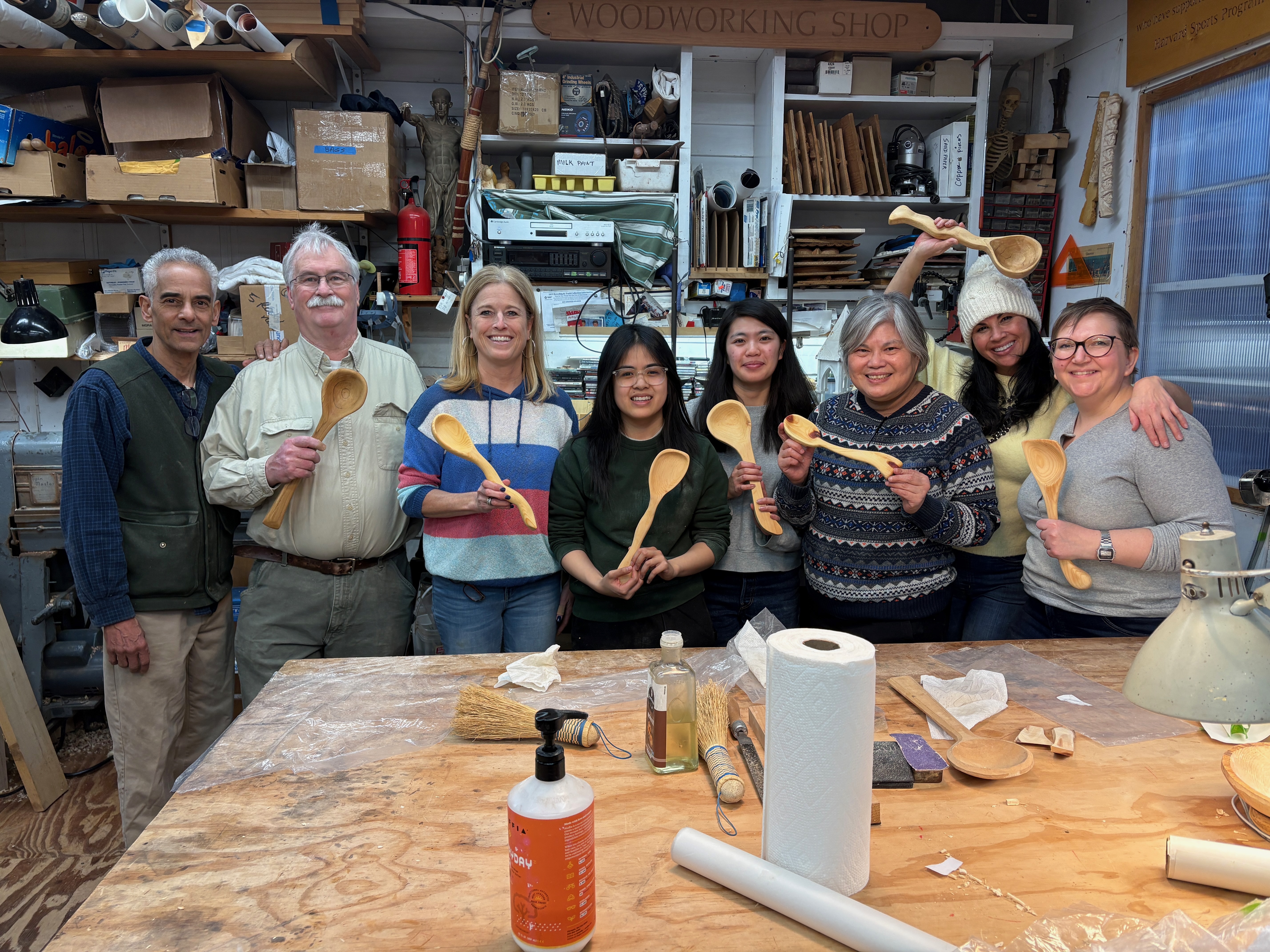 Students learning spoon carving at Calvo Studio, Gloucester, Massachusetts